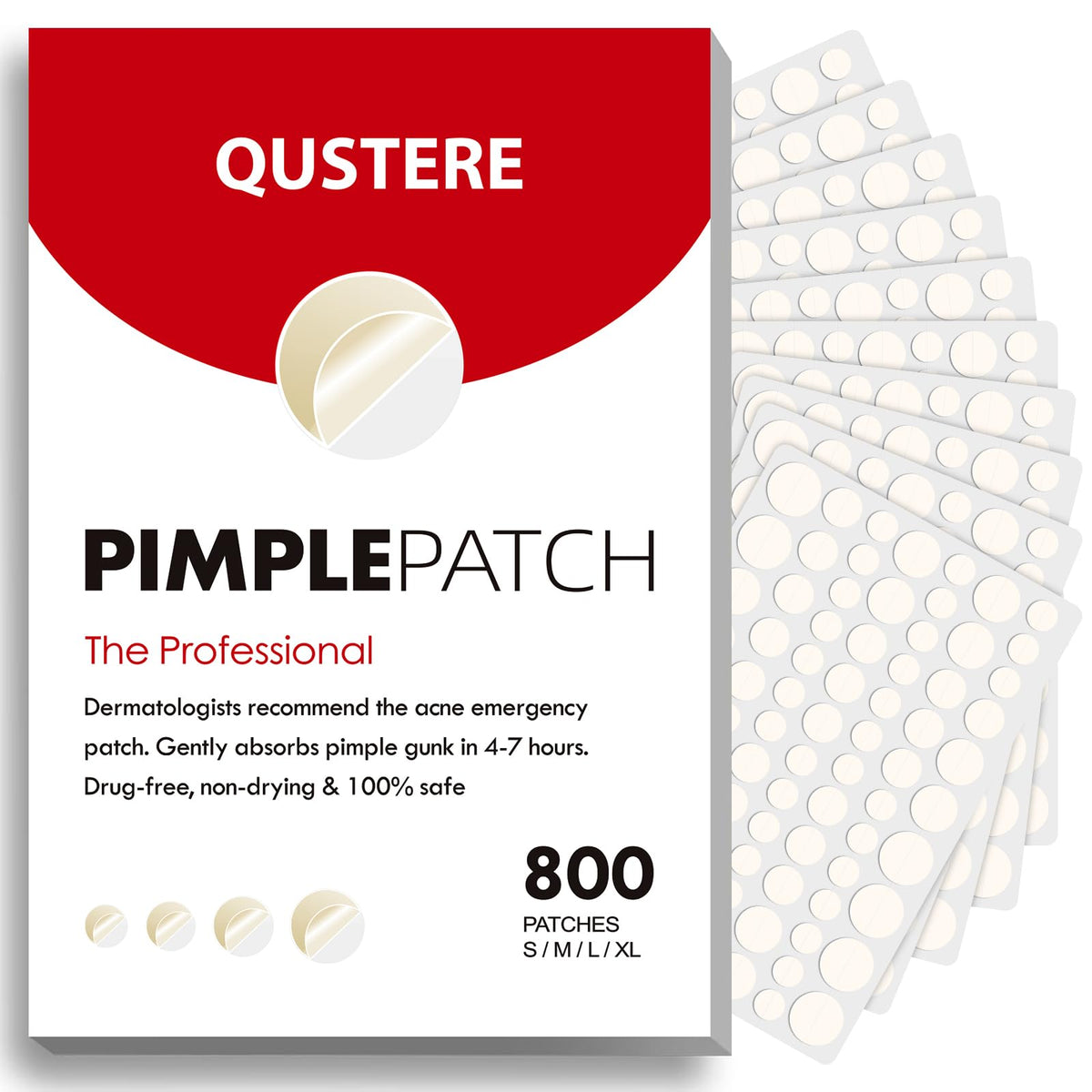 QUSTERE front packaging showing 800-count acne patch kit and sizes for convenience