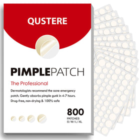 QUSTERE front packaging showing 800-count acne patch kit and sizes for convenience
