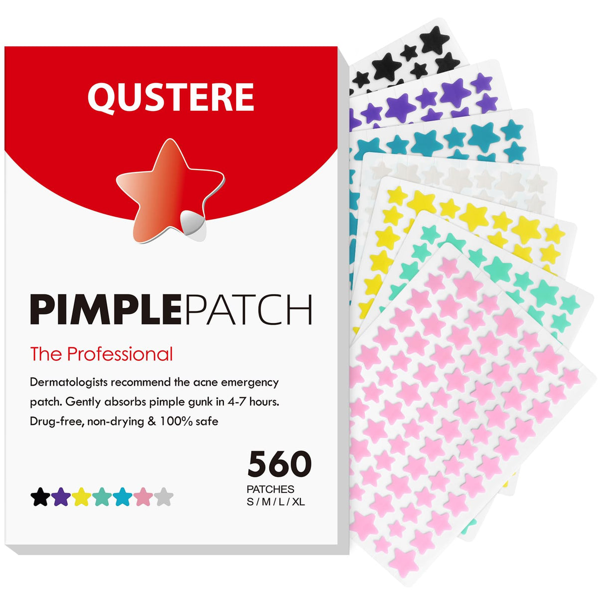 QUSTERE front packaging showing colorful star patches and count — convenient bulk supply
