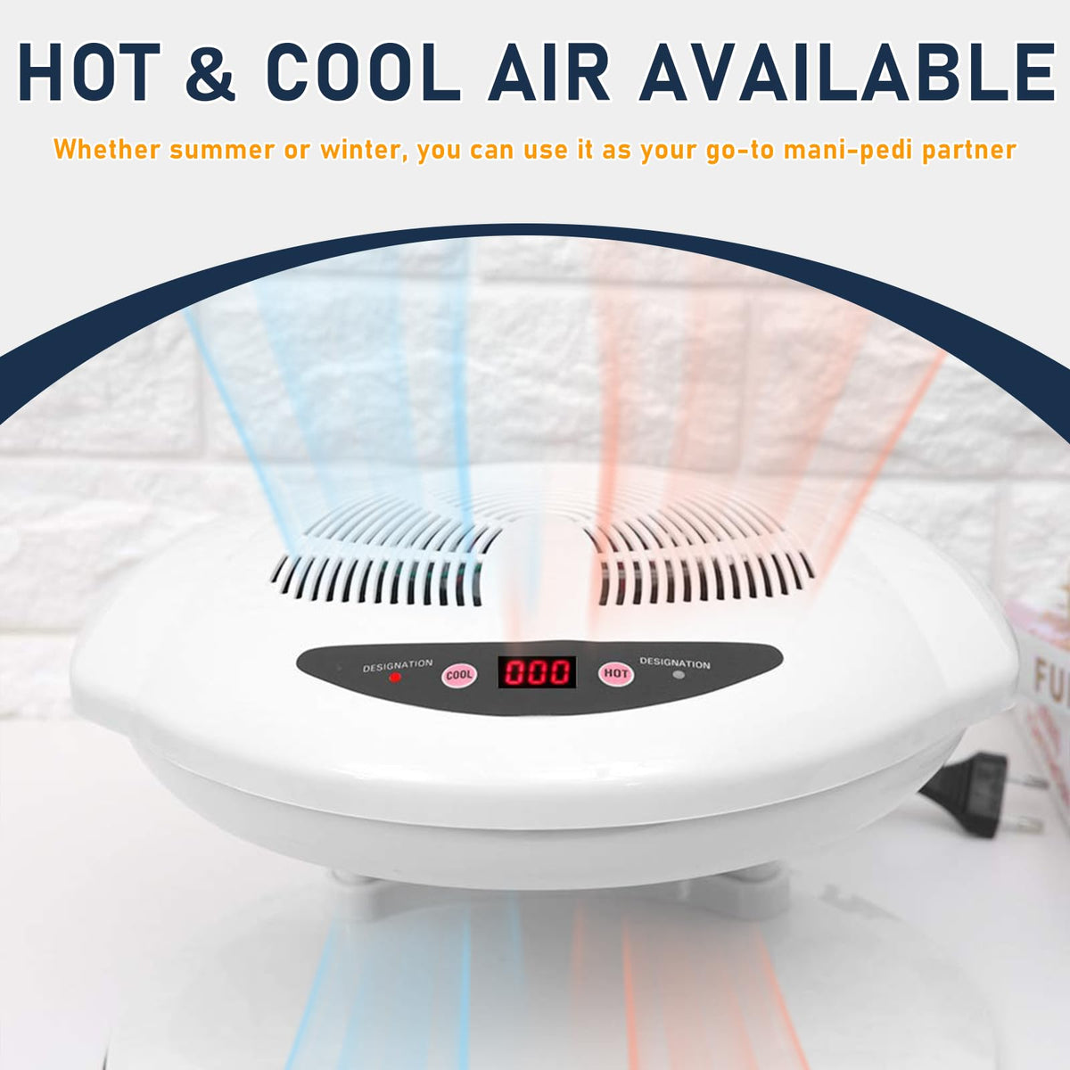 QUTUNI in use with hand under fan demonstrating smudge-free drying benefit