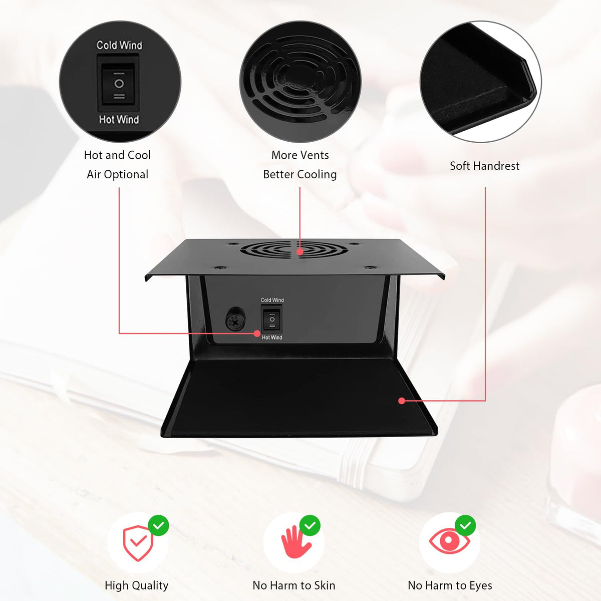 QUTUNI control panel showing hot and cool modes, allows adjustable drying temperature