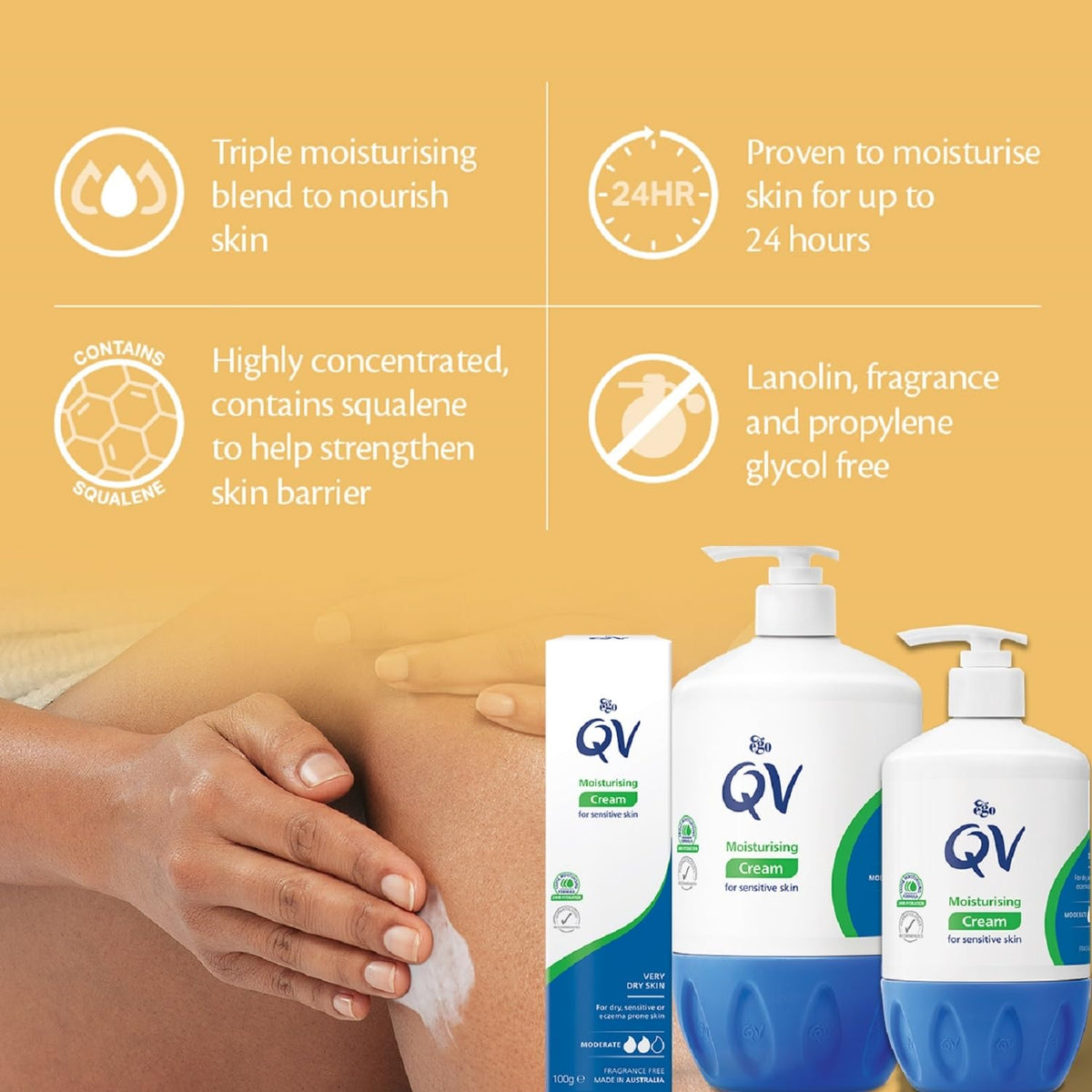 QV cream texture close-up spread on skin showing glycerin-rich hydration and smooth finish