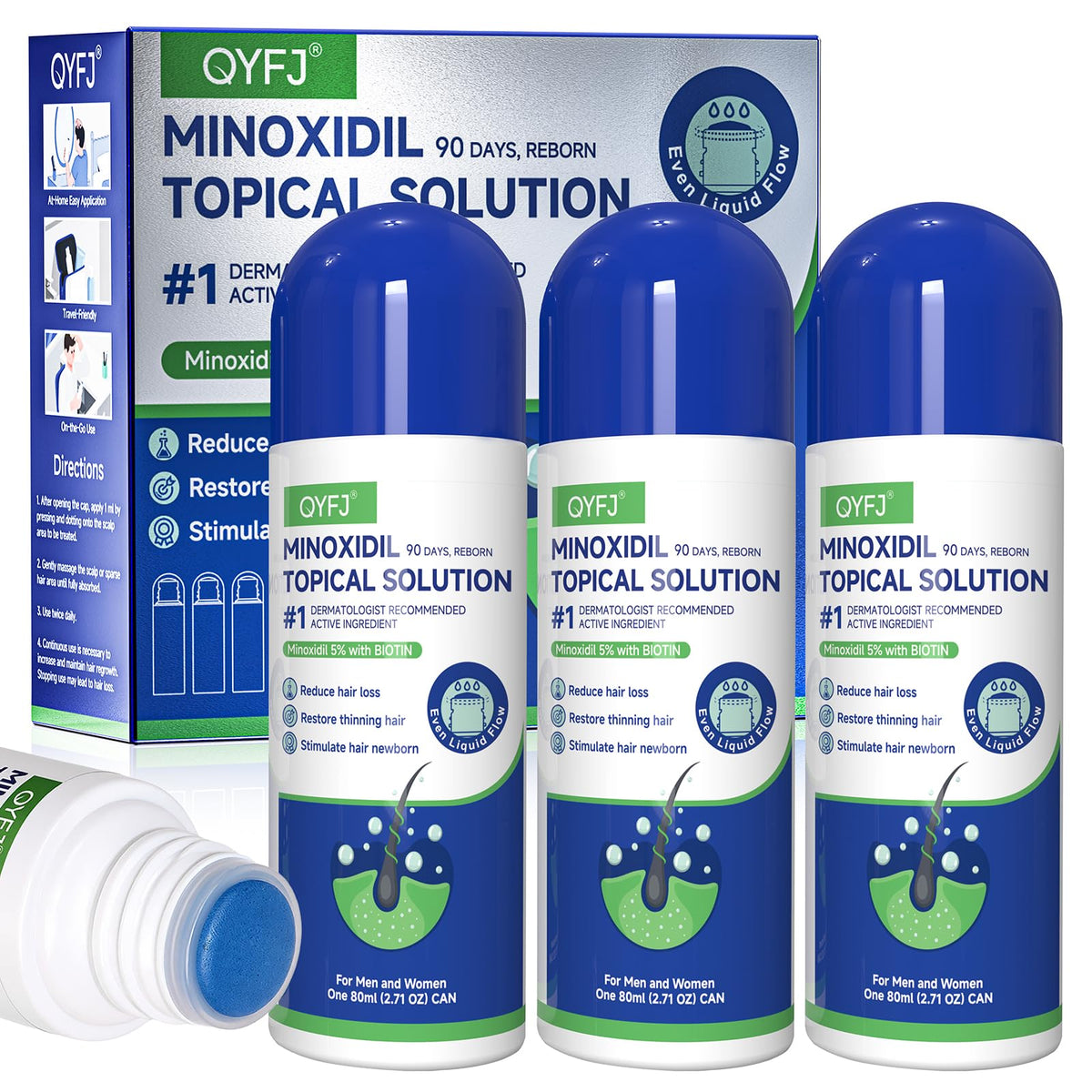 QYFJ front packaging of 3-pack minoxidil serum showing full bundle and labels, clear value
