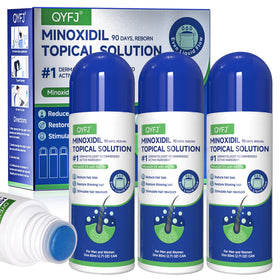 QYFJ front packaging of 3-pack minoxidil serum showing full bundle and labels, clear value