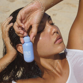 R&R sun serum outdoor application showing water-resistant protection benefit