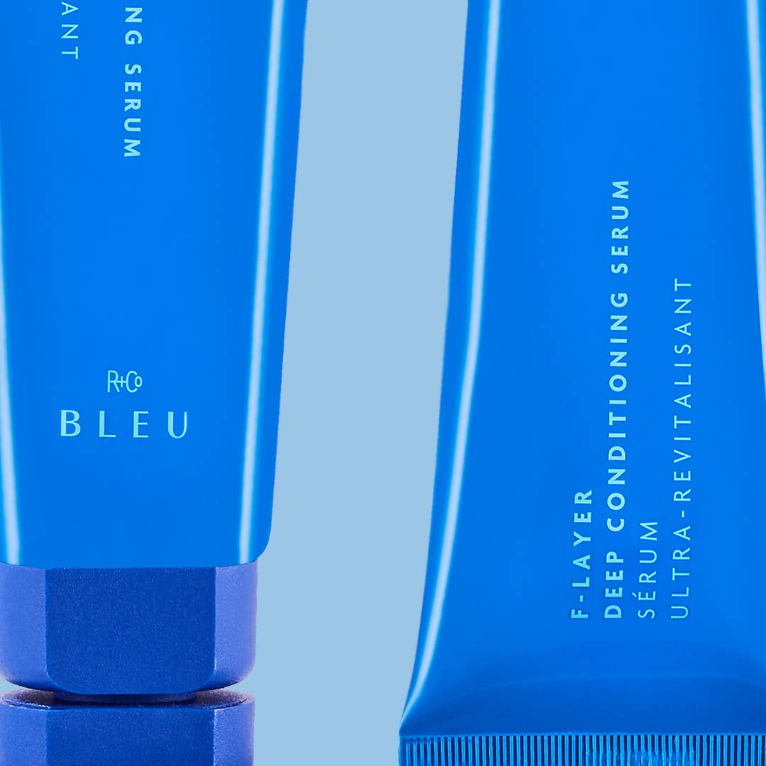 R+Co BLEU applied to damp hair mid-lengths demonstrating detangling and easier styling benefit