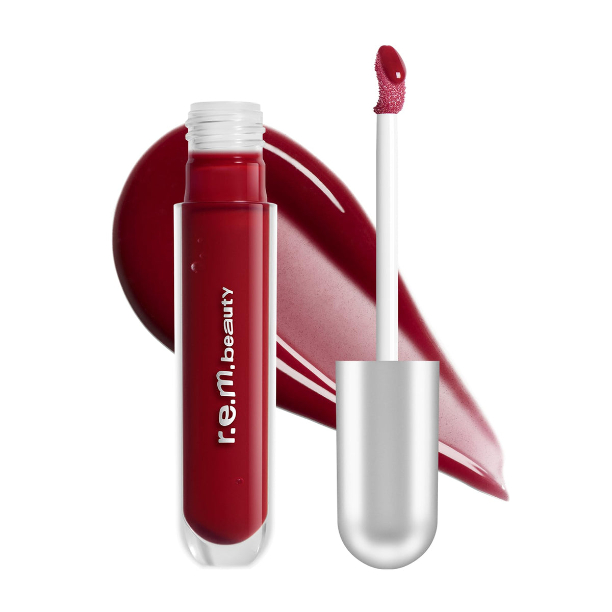 r.e.m. beauty front packaging showing Cherry Cola shade and glossy finish benefit