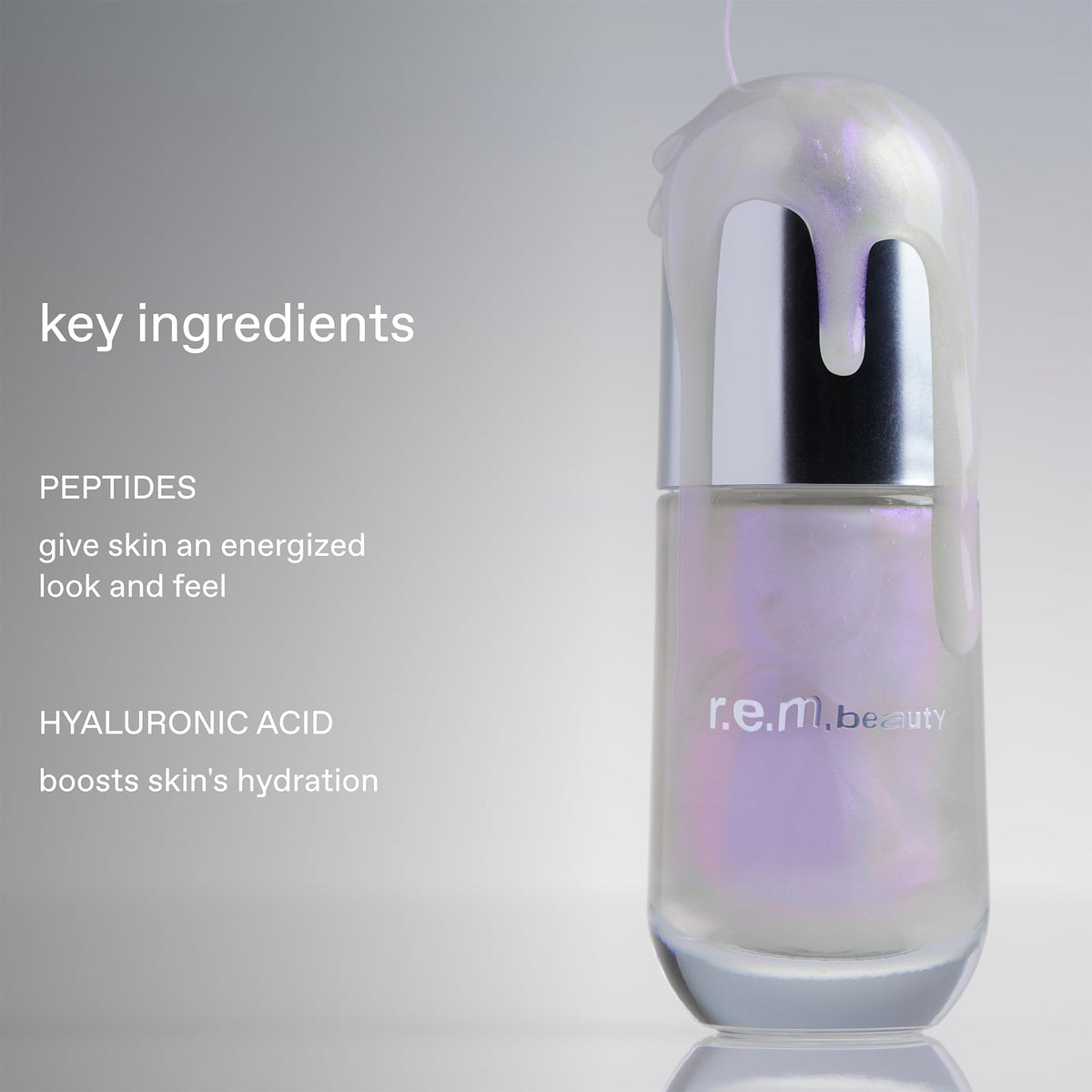 r.e.m. beauty serum applied on hand demonstrating blendable hydrating glow
