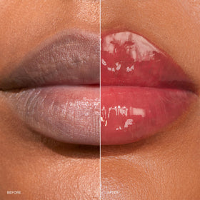 r.e.m. beauty Shirley worn on lips showing natural sheer color and shine benefit