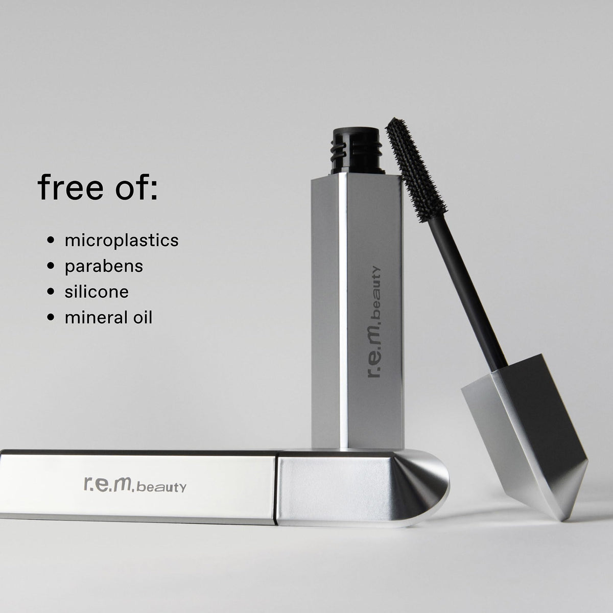 r.e.m. beauty mascara on model lashes illustrating length and fanned-out definition
