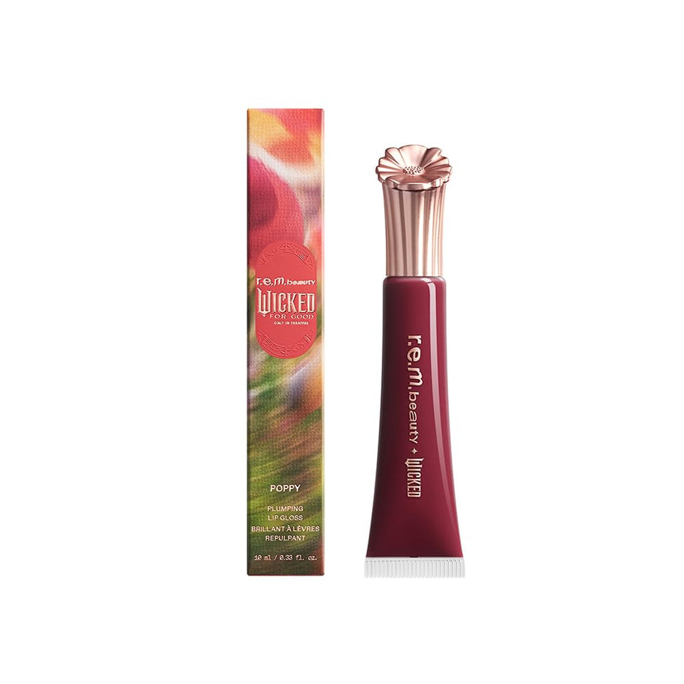 r.e.m. beauty front packaging showing Plum Petals and high-shine finish benefit