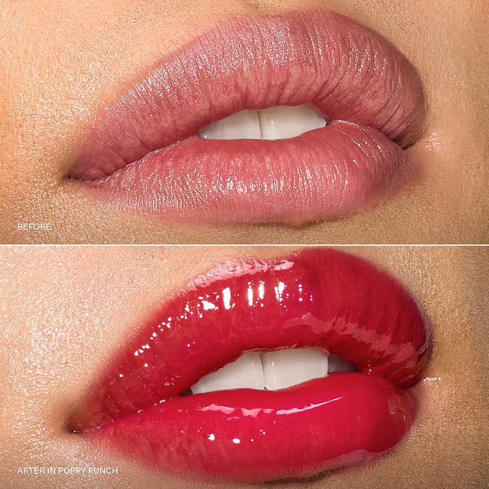r.e.m. beauty gloss on lips closeup showing vibrant red color and instant plumping effect