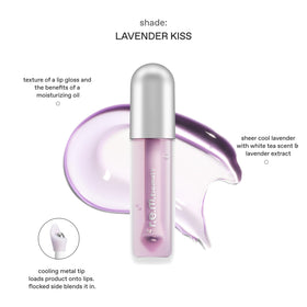 r.e.m. beauty lip oil next to lipstick and coin showing compact travel-friendly size