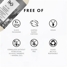 R+Co bottle label close-up showing ingredient highlights and clean-beauty benefit