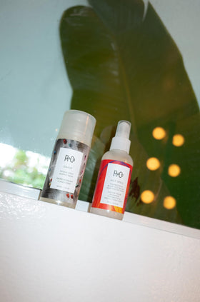 R+Co Hot Spell ingredient label detail featuring botanical extracts and protective blend benefits