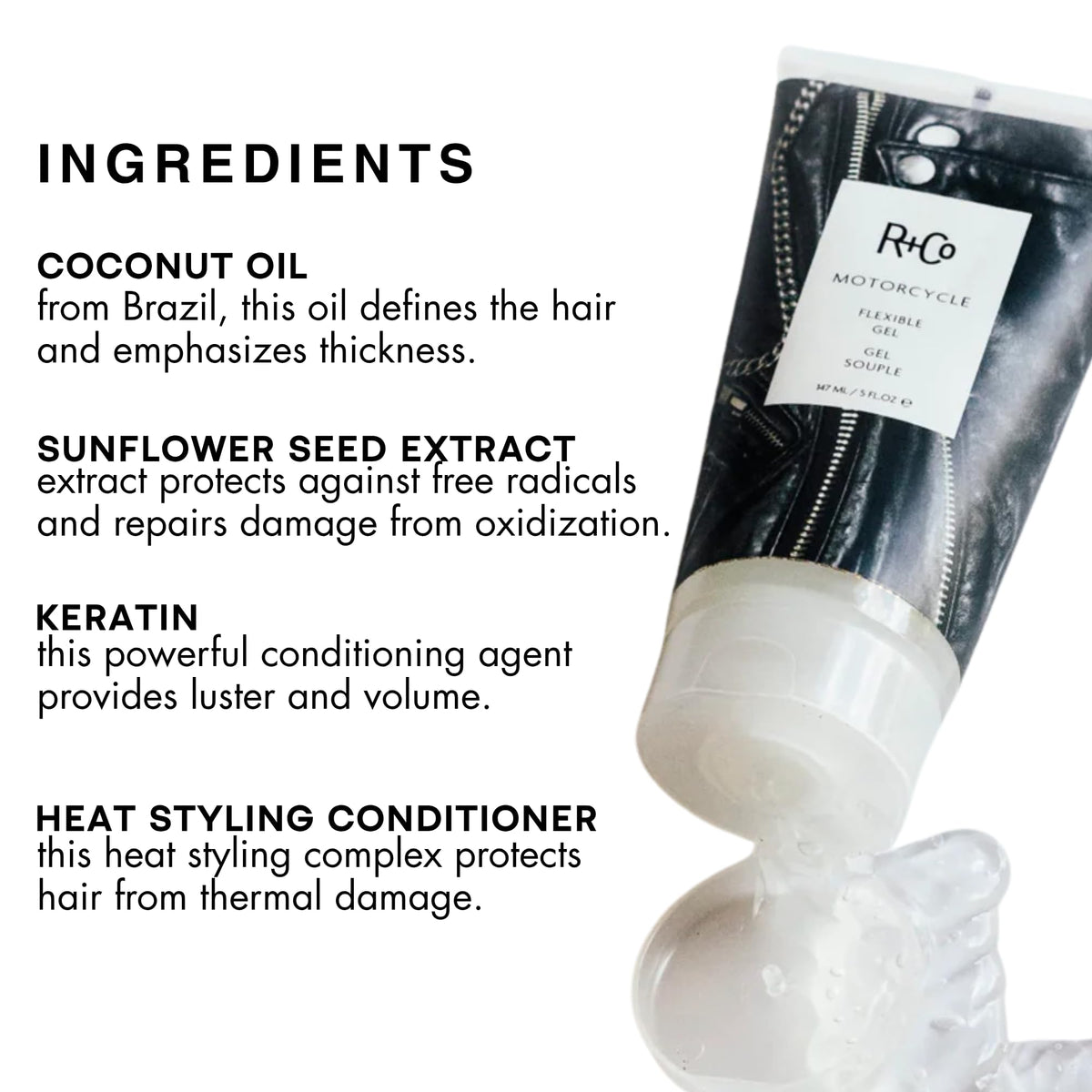 R+Co Motorcycle applied to damp hair for controlled hold and styling