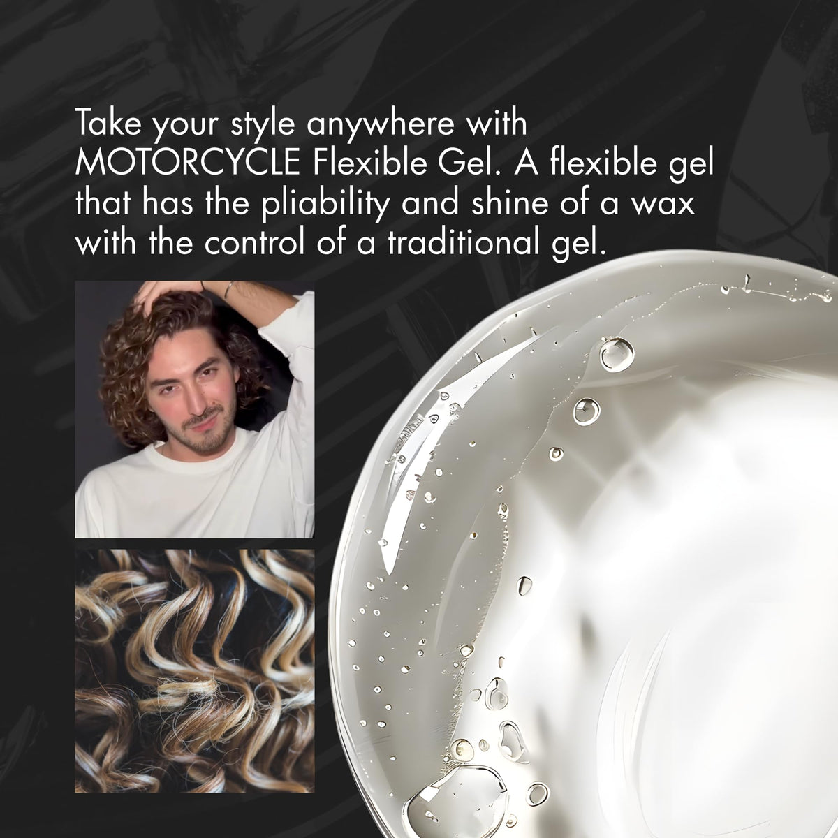 R+Co Motorcycle gel texture close-up showing glossy, flexible consistency