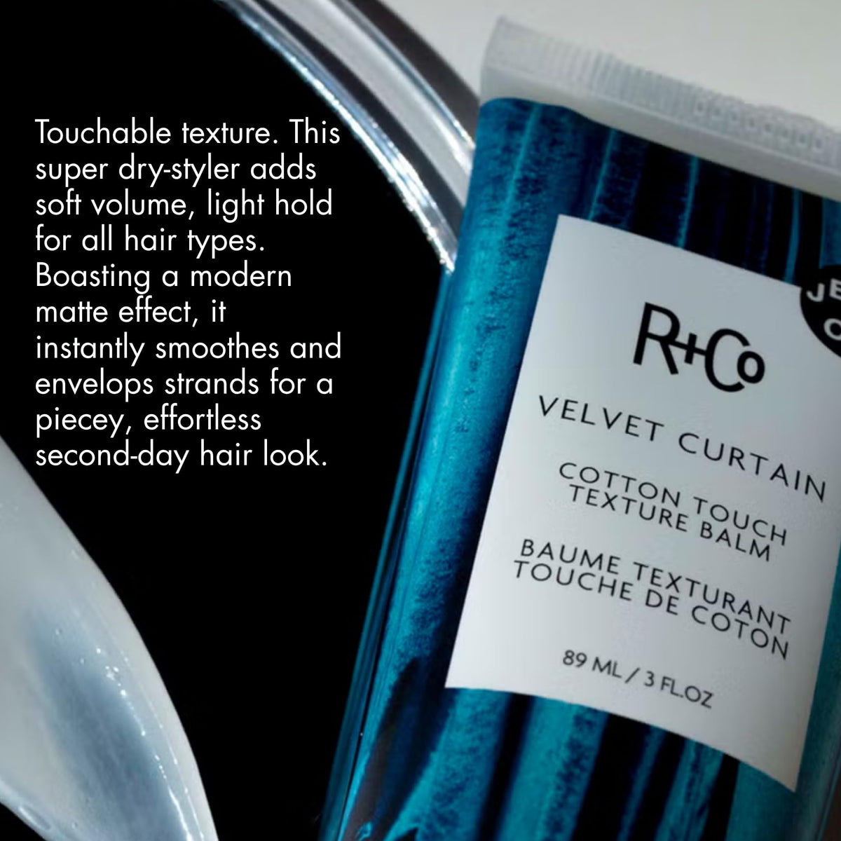 R+Co open tub close-up showing balm texture and creamy consistency benefit