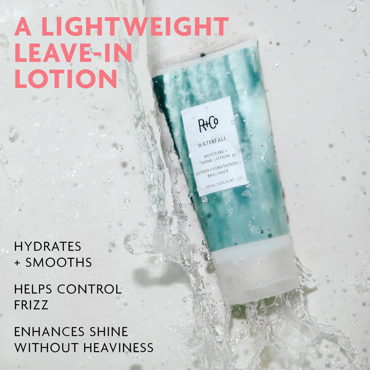 R+Co Waterfall applied to towel-dried hair illustrating hydration and frizz control