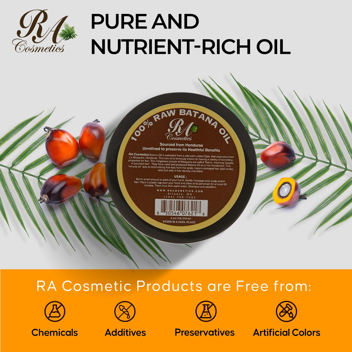 RA COSMETICS bottle with batana nuts highlighting natural sourcing benefit