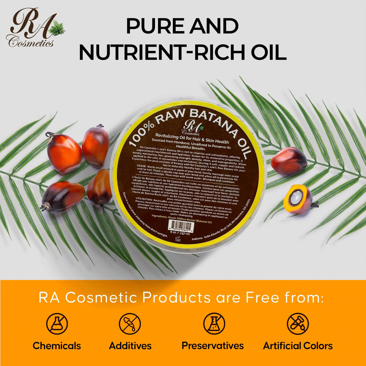 RA COSMETICS 16 oz bottle next to common items for scale emphasizing generous supply