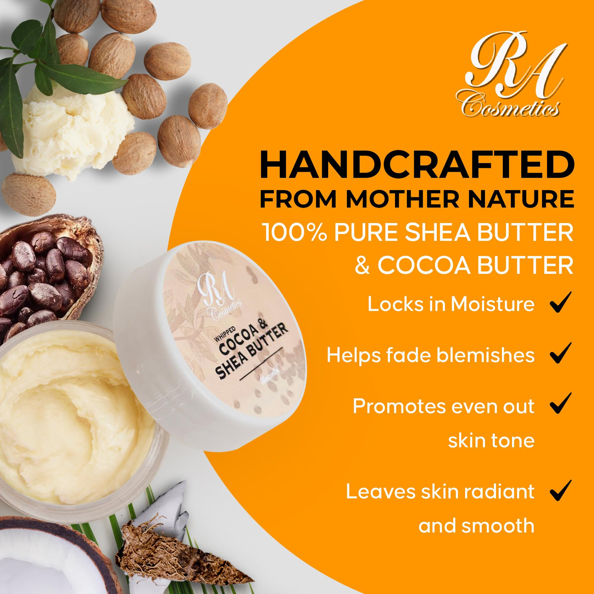 RA COSMETICS scoop of product highlighting natural coconut, shea and cocoa benefits