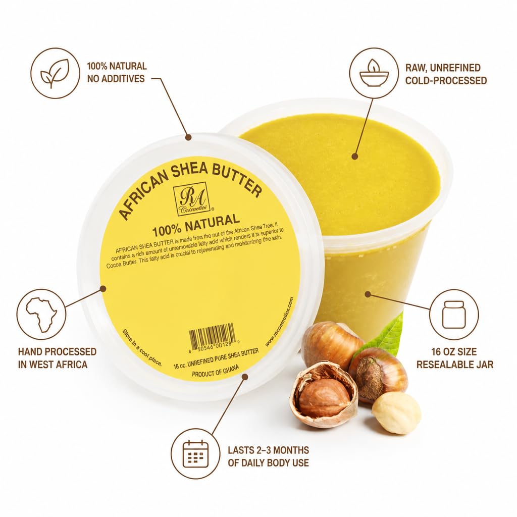 RA COSMETICS open jar showing creamy yellow shea butter and raw nourishment