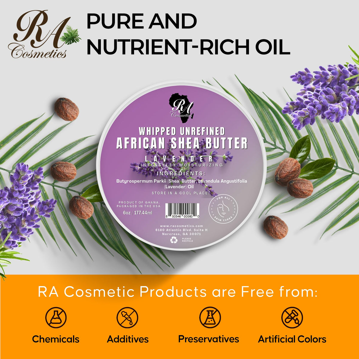 RA COSMETICS label close-up highlighting unrefined Ghanaian shea and lavender extract benefits