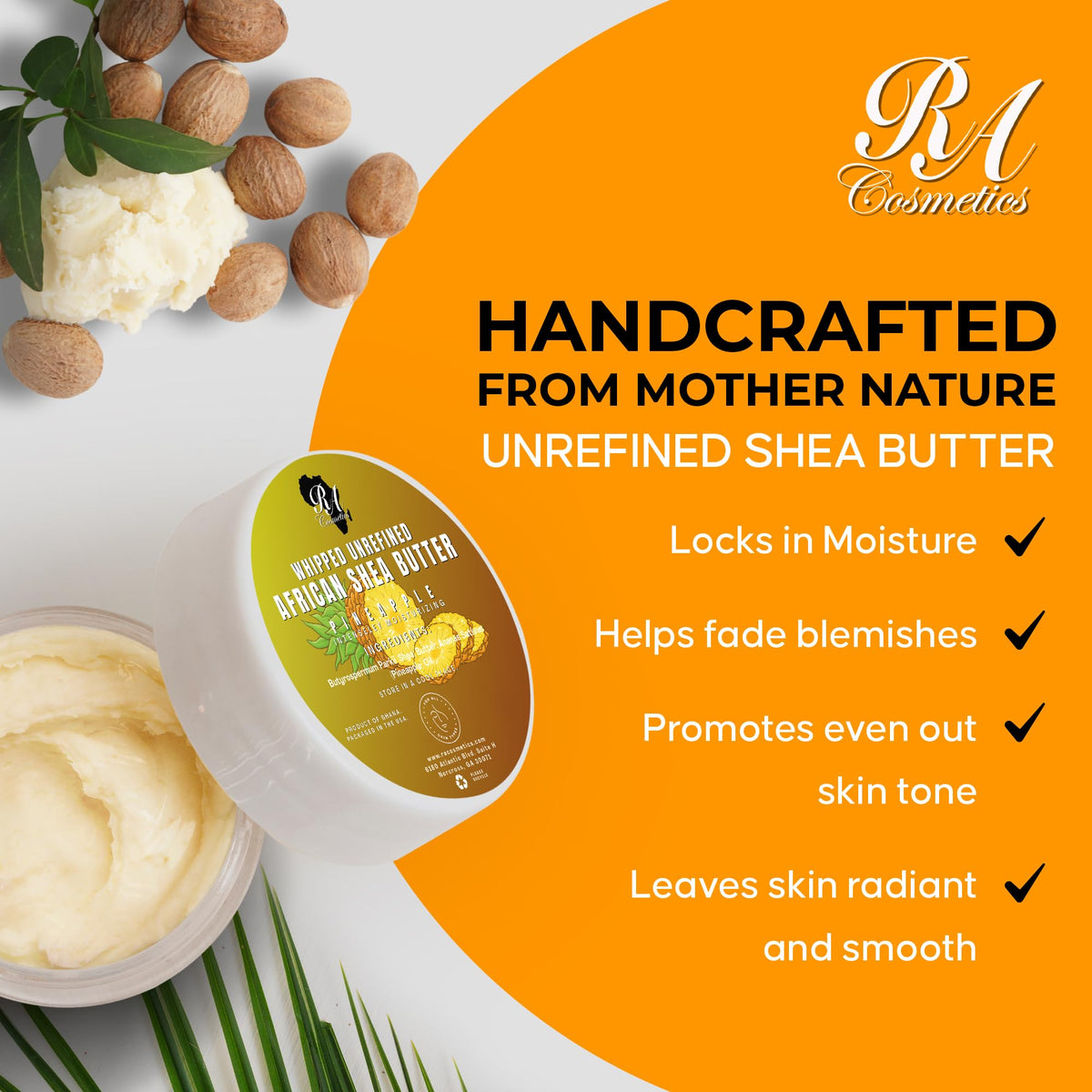 RA COSMETICS open jar top view revealing pineapple-infused whipped shea