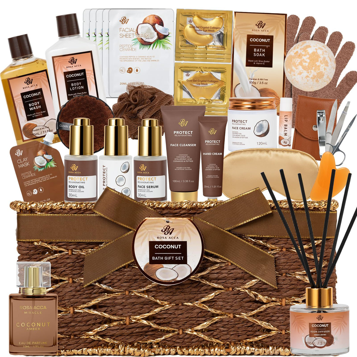 RA ROSA ACCA front view of woven gift basket showing all included spa items and elegant presentation