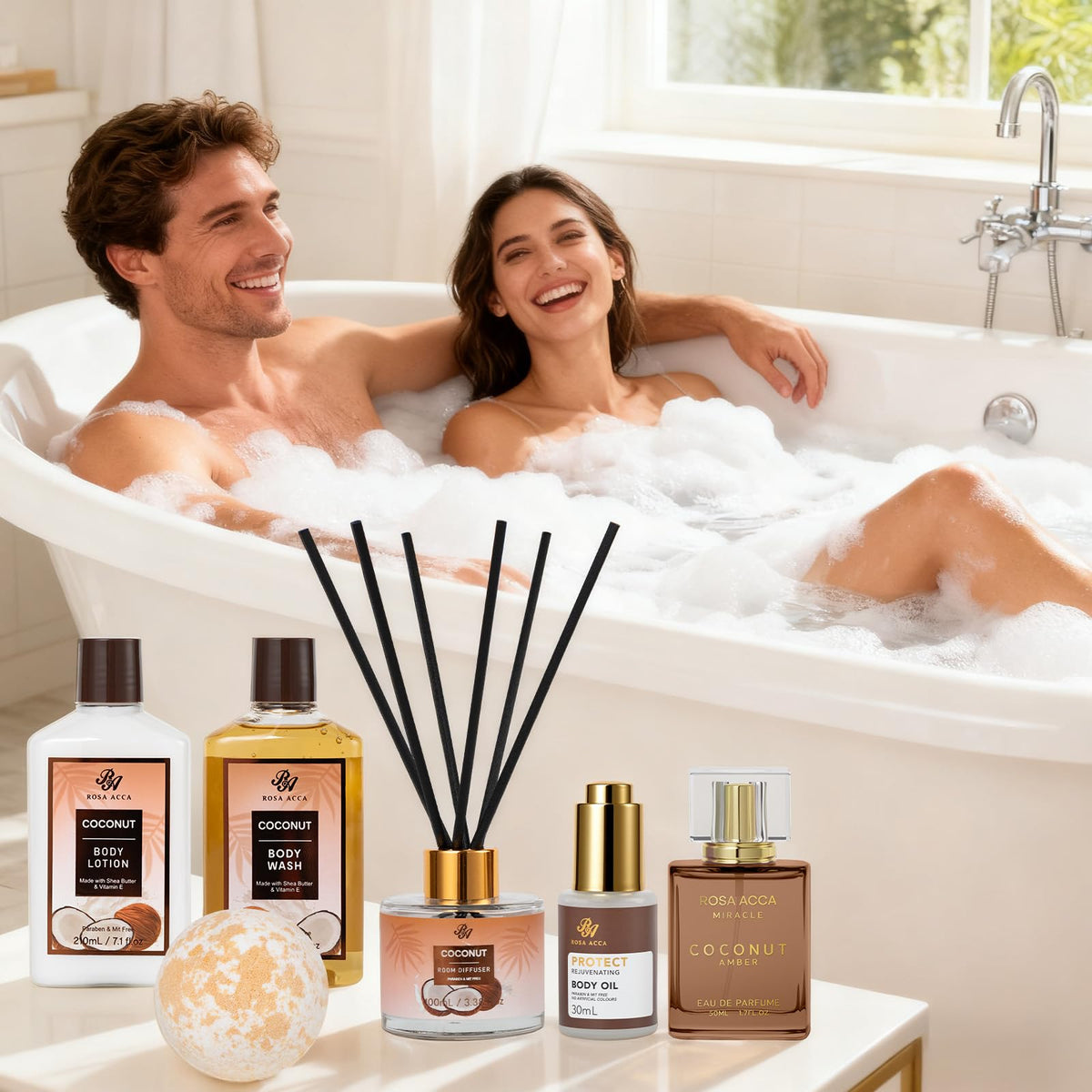 RA ROSA ACCA lifestyle photo in bathroom with basket by tub suggesting at-home spa ritual