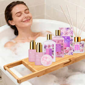 RA ROSA ACCA spa accessories arranged to show gua sha sleep mask and headband benefits