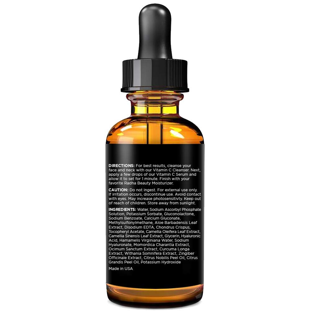 Radha Beauty label close-up reading active ingredients for ingredient transparency