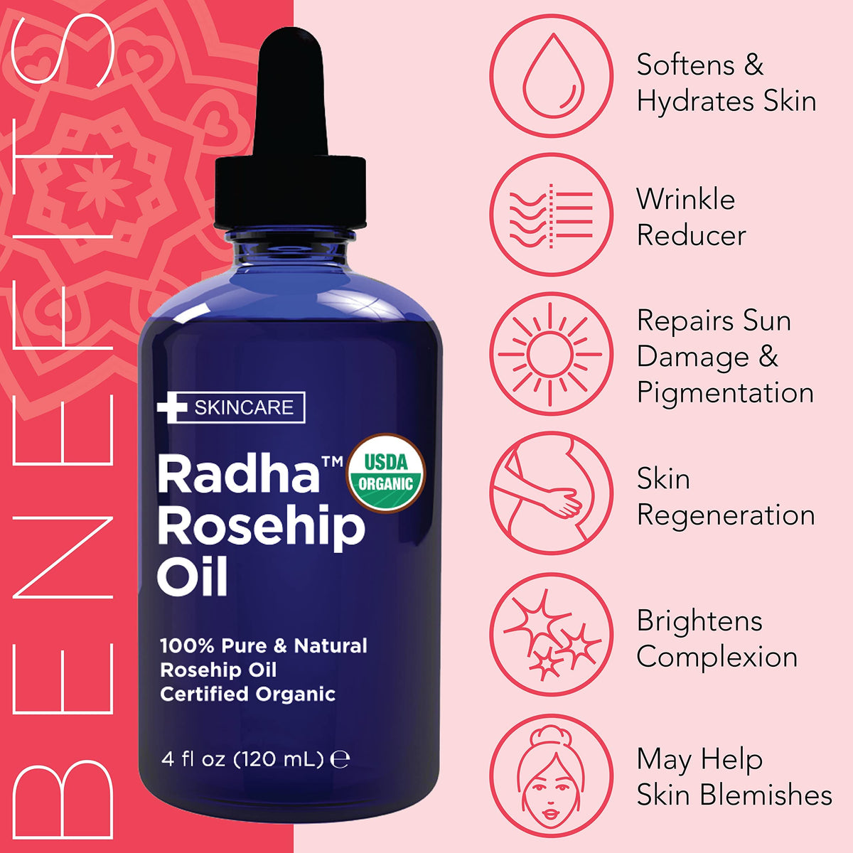 Radha Beauty bottle beside common items showing 4 oz size