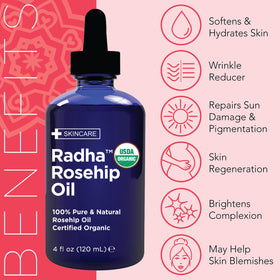 Radha Beauty bottle beside common items showing 4 oz size