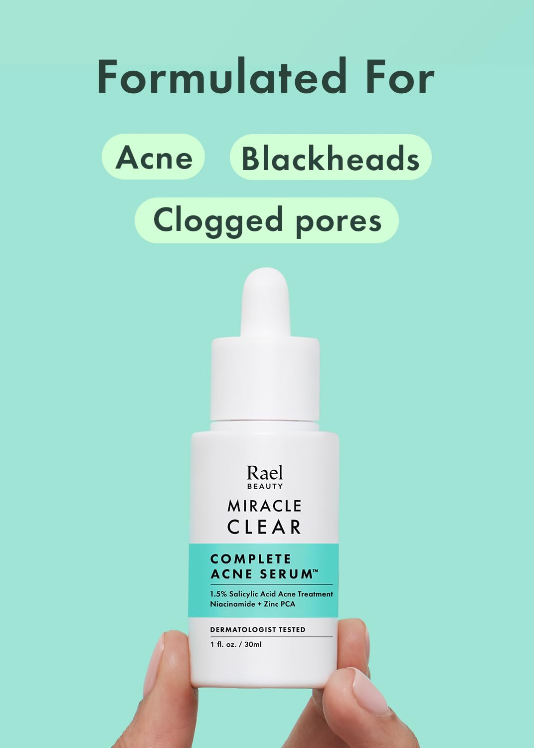 Rael close-up label highlighting active ingredients for clearer pores