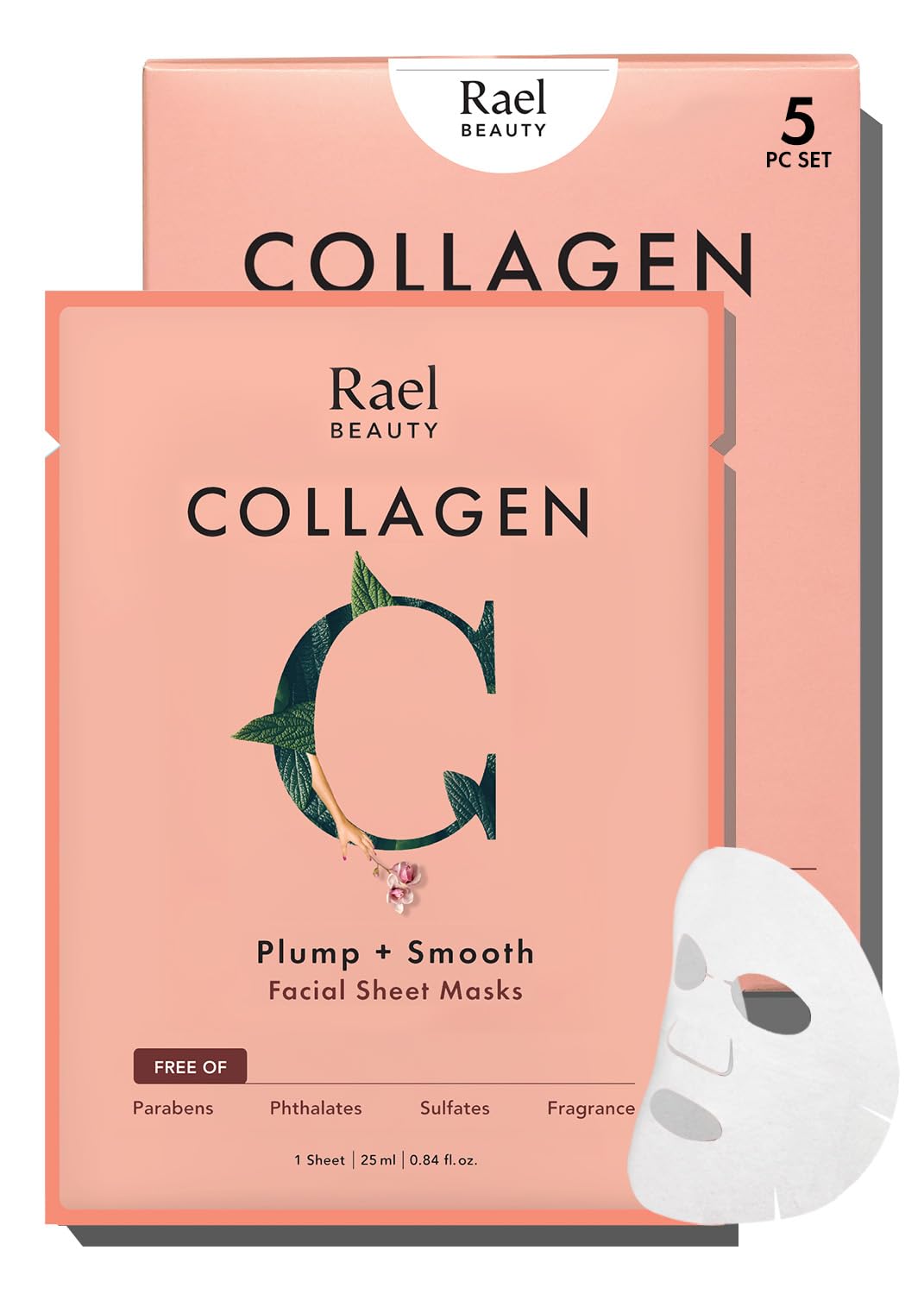 Rael front packaging showing collagen mask benefits and clean formulation