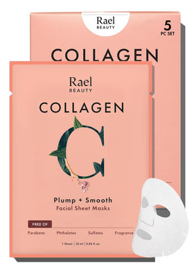 Rael front packaging showing collagen mask benefits and clean formulation