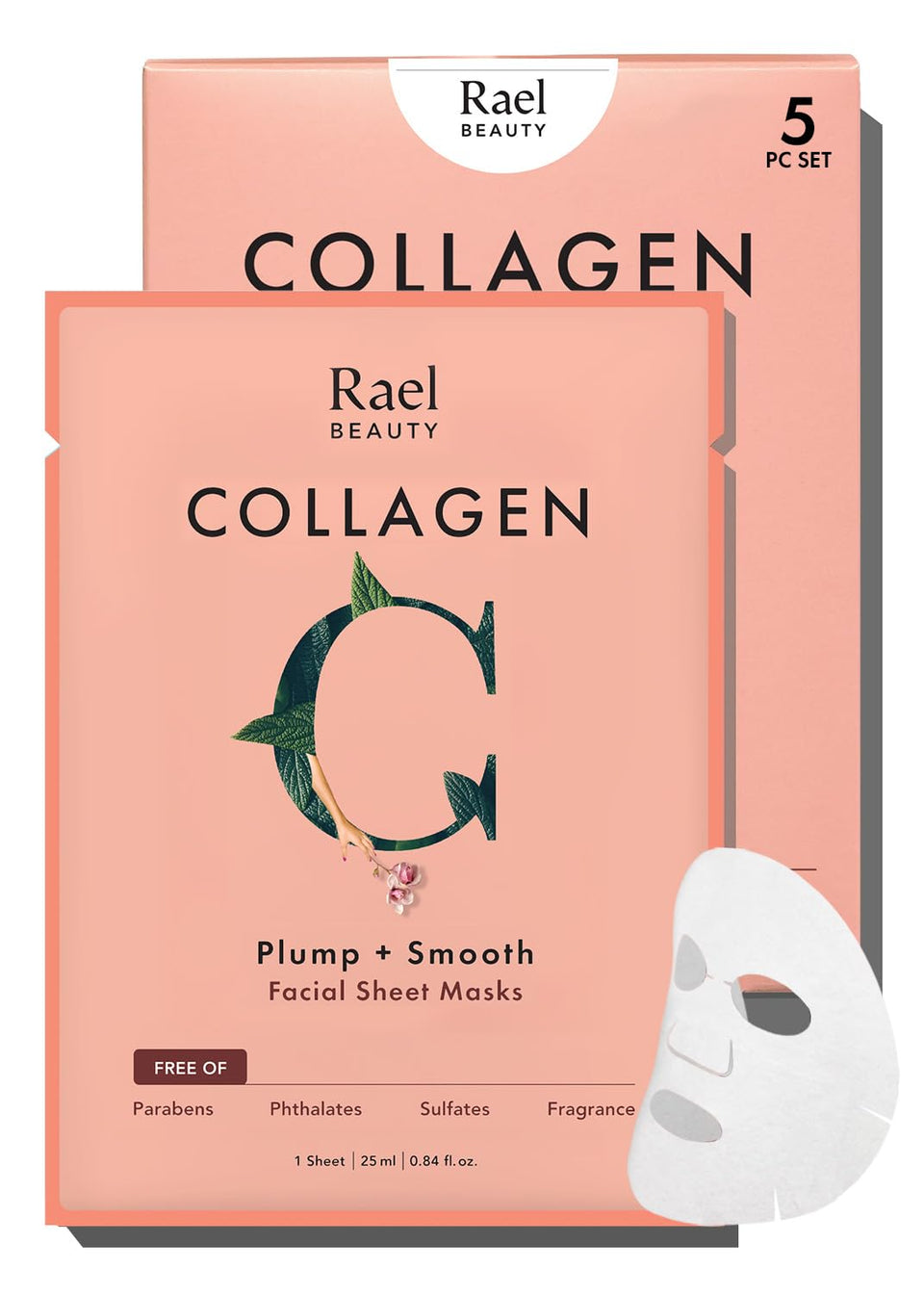 Rael front packaging showing collagen mask benefits and clean formulation