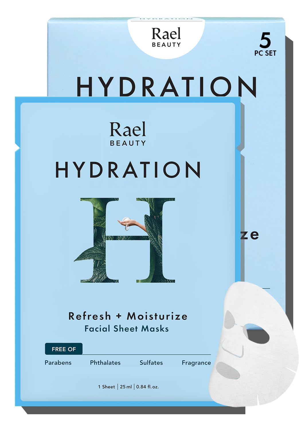 Rael front packaging showing 5 hydrating bamboo sheet masks and clarity benefits