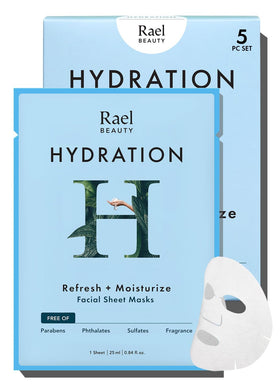 Rael front packaging showing 5 hydrating bamboo sheet masks and clarity benefits