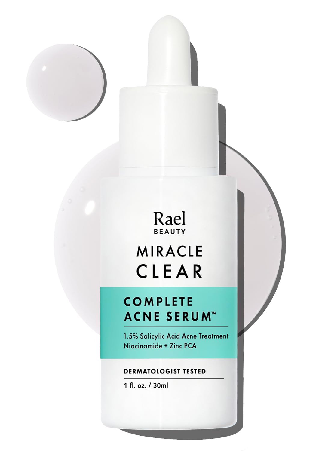 Rael front packaging showing serum bottle and benefit of lightweight exfoliation