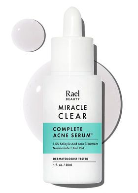 Rael front packaging showing serum bottle and benefit of lightweight exfoliation