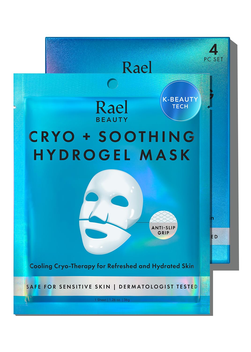 Rael front packaging showing hydrating cryo hydrogel masks and benefits