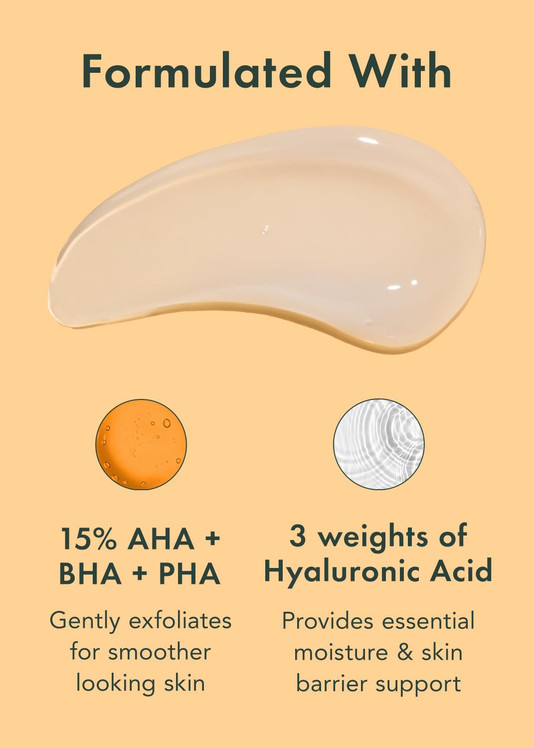 Rael label ingredients panel showing AHA BHA PHA complex and hyaluronic acid