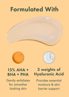 Rael label ingredients panel showing AHA BHA PHA complex and hyaluronic acid