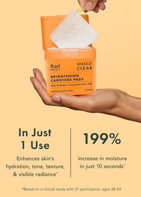 Hand applying Rael pad to face demonstrating quick toner and treatment step