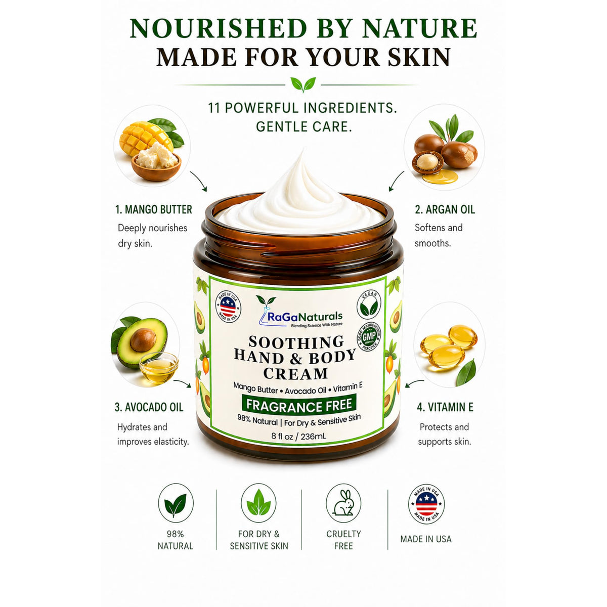 RaGaNaturals cream being smoothed onto skin demonstrating hydration