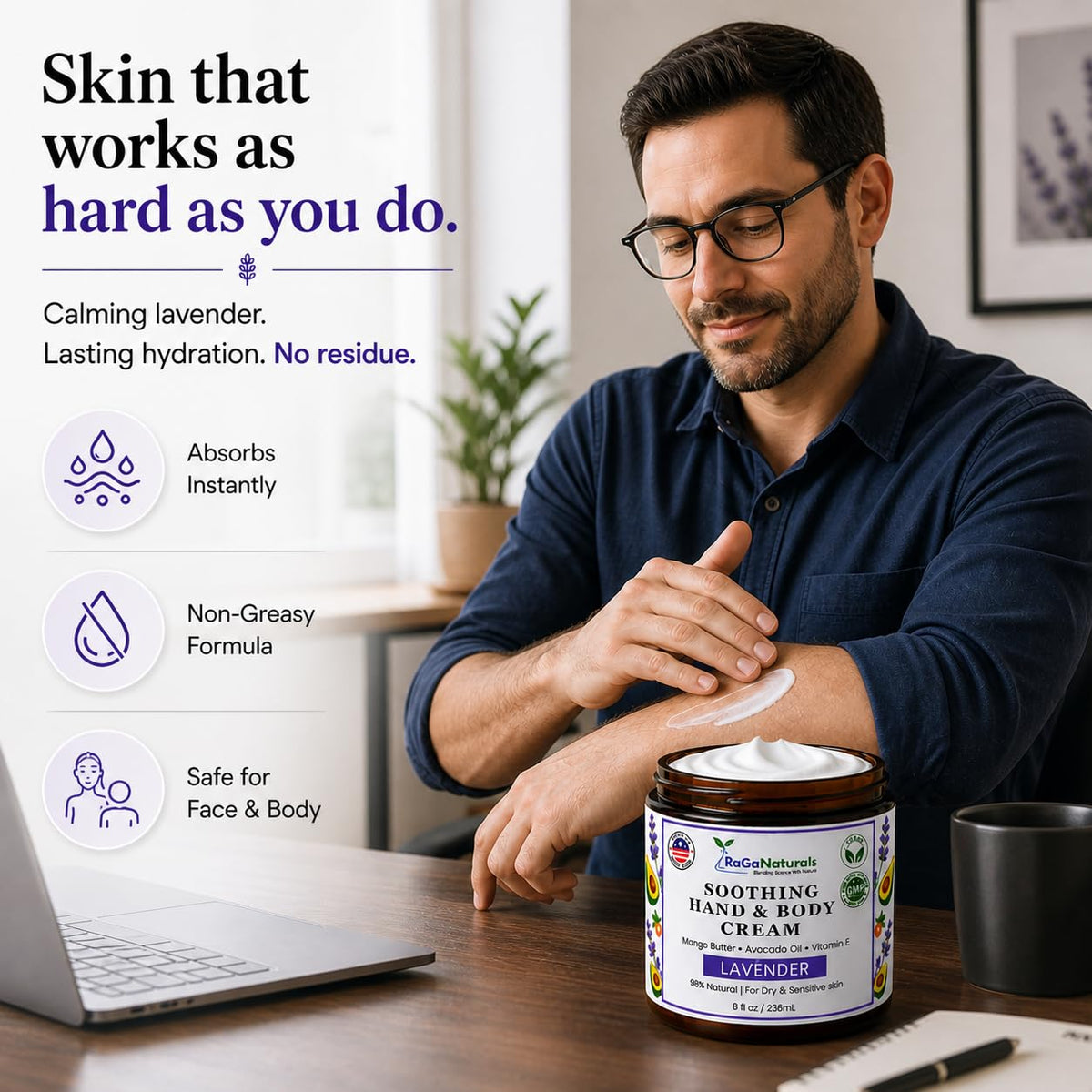 RaGaNaturals hands applying cream to show quick absorption and relief