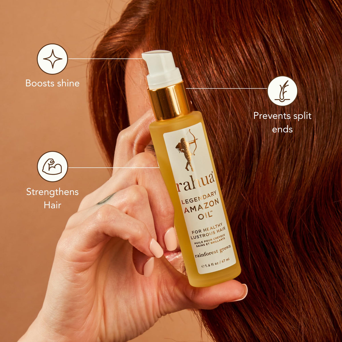 Rahua applied to hair ends demonstrating frizz control benefit